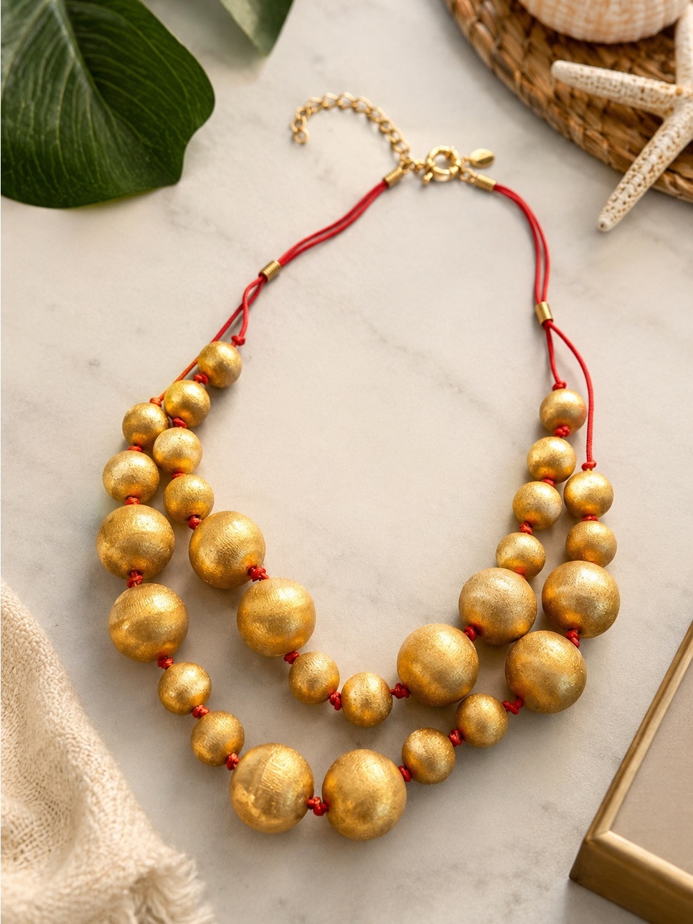 VINTAGE FRANCESCA VISCONTI SATIN FINISHED DOUBLE GOLD BEAD NECKLACE RUNWAY CHIC